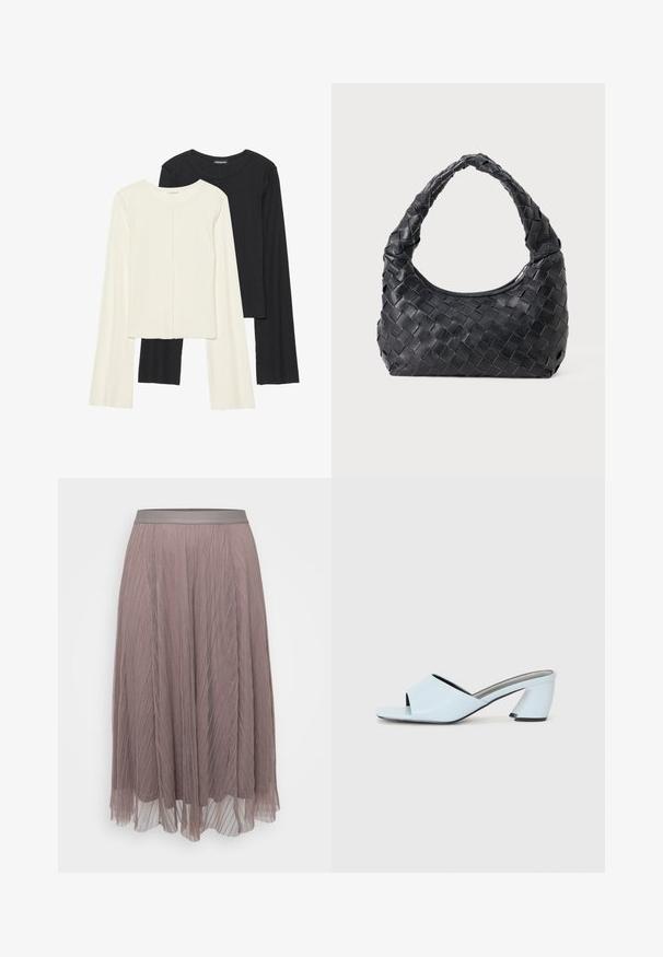 Divu garo piedurkņu tops komplekts baltā un melnā krāsā. Ribota tekstūra, apaļš kakls, pieguļoša dizaina ar nedaudz izplestām piedurknēm.; Plisēta midi svārku izgatavota no maiga mauve krāsā, ar gludu satīna jostu. Viegls, plūstošs materiāls ar vertikālām līnijām un caurspīdīgām kārtām.; Gaiši zilas atvērtā purngala papēžu mūlas ar ģeometrisku dizainu, kas ietver platu siksnu pāri pēdai un masīvu, stūrainu papēdi.; Melna ādas austā plecu soma ar noapaļotu rokturi un pusmēness formas ķermeni uz vienota fona.