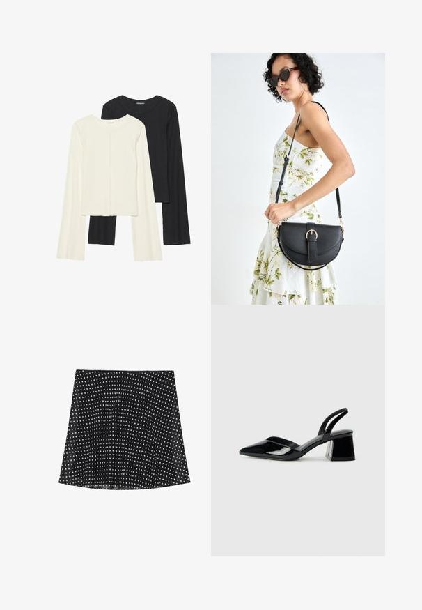 Dviejų ilgomis rankovėmis marškinėlių rinkinys, baltas ir juodas. Raukšlėta tekstūra, apvalus kaklas, prigludusi forma su šiek tiek platėjančiomis rankovėmis.; Juoda sijonas su baltais taškeliais, su klostėmis ir lygia tekstūra. Jis turi kreivinę apykaklę ir paprastą juostos dizainą.; Juodos lakuotos odinės šlepetės su smailiu pirštu ir geometriniu bloko kulnu. Turi elegantišką, minimalistinį dizainą ir lygų paviršių.; Juodas odinis krepšys su išlenkta forma, nuimamu dirželiu ir auksiniais detalėmis. Krepšys turi kilpą su sagtimi.