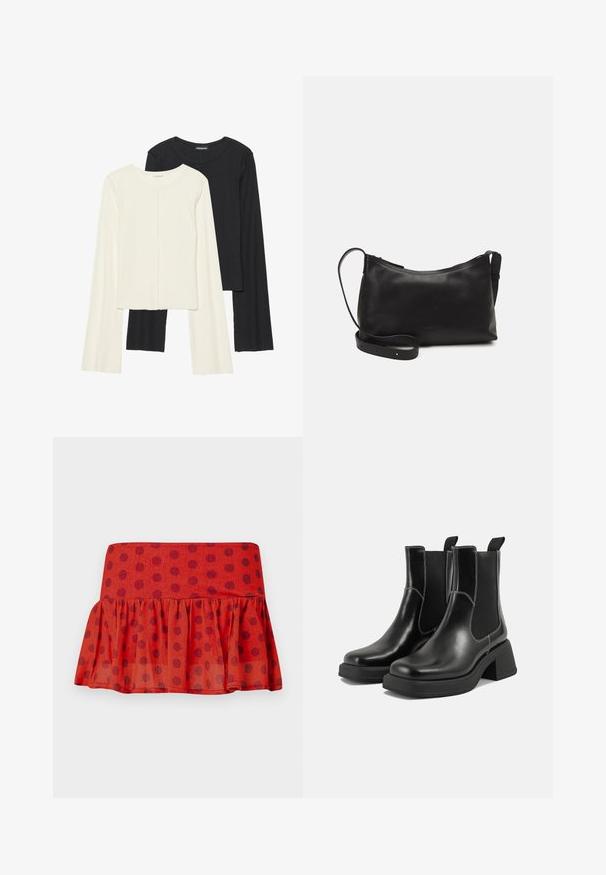 Conjunto de duas blusas de manga longa em branco e preto. Textura canelada, decote redondo, design ajustado com mangas ligeiramente evasê.; Saia vermelha com Babados e bolinhas pretas, feita de tecido leve. Apresenta uma cintura ajustada e um design em camadas.; Botas Chelsea em couro preto com um salto grosso, painéis laterais elásticos e costura branca em contraste. Acabamento texturizado.; Bolsa de ombro em pele preta com textura suave, forma curva, alça ajustável e fecho com zip. Design minimalista sem adornos.