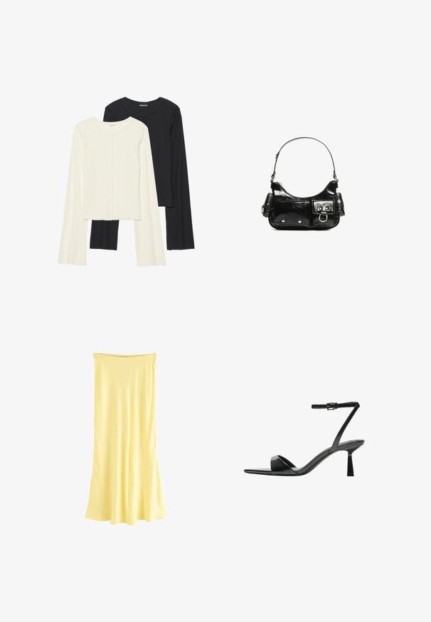 Súprava dvoch dlhých rukávov v bielej a čiernej farbe. Žebrovaná textúra, okrúhly výstrih, priliehavý strih s mierne rozšírenými rukávmi.; Žlté, bezrukávové, šaty po kolená vyrobené z hladkej, ľahkej látky s prúdiacim siluetom a rovnou výstrihom.; Bershka Sandále na vysokom opätku - black; Čierna laková kožená kabelka s ohnutým tvarom, jedným ramenným popruhom, prednými vreckami a striebornými kovovými doplnkami.