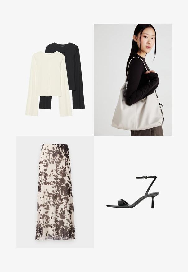 Set of two long-sleeve tops in white and black. Ribbed texture, round neck, fitted design with slightly flared sleeves.; Maxi skirt made of lightweight, sheer fabric, featuring a beige base with dark brown abstract spots and a straight silhouette.; Bershka High heeled sandals - black; Beige handbag made of soft material, featuring a slouchy design, stitched detailing, and two shoulder straps. Suitable for everyday use.