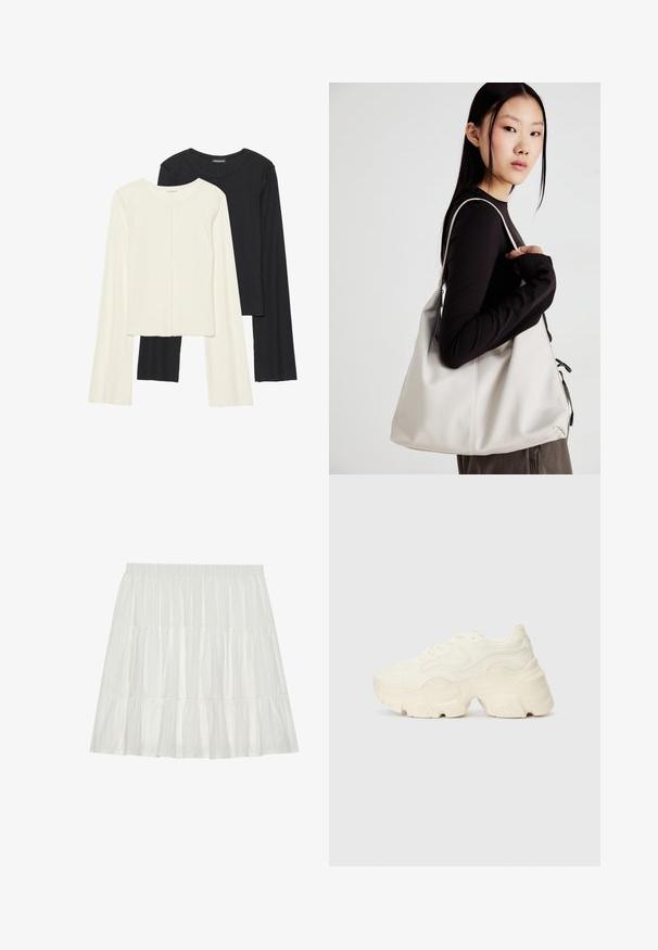 Kaksi pitkähihainen puseroa valkoisena ja mustana. Varren neulos, pyöreä kaulus, tiukka malli, jossa on hieman levenevät hihat.; Valkoinen, kerroksellinen hame, jossa on teksturoitu pinta. Varustettu elastisella vyötärönauha ja kerroksilla, jotka luovat silhouetin, joka laskeutuu kauniisti.; Paksut valkoiset lenkkarit, jotka on valmistettu teksturoidusta verkosta ja synteettisistä materiaaleista. Kenkäparissa on paksu pohja ja monimutkaisat kuviohuokoset sivuilla.; Beige laukku, joka on valmistettu pehmeästä materiaalista, ja siinä on rento muotoilu, ommeltu yksityiskohtia ja kaksi olkahihnaa. Sopii päivittäiseen käyttöön.