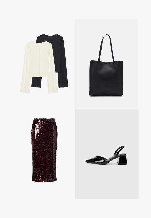 Souprava dvou dlouhých rukávů v bílé a černé barvě. Hladká textura, kulatý výstřih, upnutý střih s mírně rozšířenými rukávy.; Burgundské konfekční sukně s flitry a přiléhavým střihem, hladkou strukturou, délka po kolena, s lesklým a odrazivým povrchem a bez viditelných zapínání.; Černé lakované kožené lodičky na pásku s špičatou špičkou a geometrickým blokovým podpatkem. Vyznačují se elegantním, minimalistickým designem a hladkým povrchem.; Černá kožená taška přes rameno s hladkým povrchem, obdélníkovým tvarem a dvěma dlouhými uchy. Žádné viditelné kování ani ozdoby.