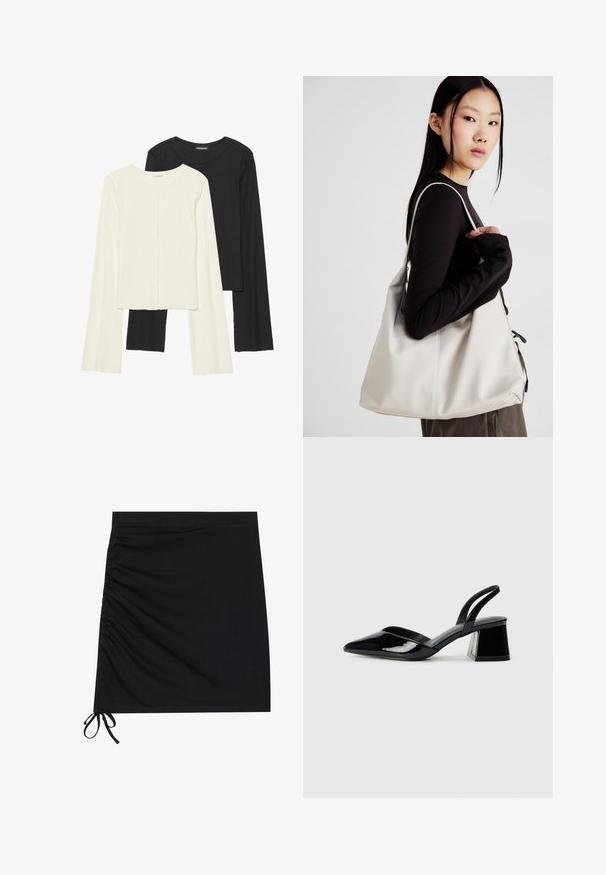 Dviejų ilgomis rankovėmis marškinėlių rinkinys, baltas ir juodas. Raukšlėta tekstūra, apvalus kaklas, prigludusi forma su šiek tiek platėjančiomis rankovėmis.; Juodas mini sijonas, pagamintas iš minkštos medžiagos, su šoninėmis raukšlėmis ir raišteliais apatine dalimi. Lygus paviršius su prigludusia siluetu.; Juodos lakuotos odinės šlepetės su smailiu pirštu ir geometriniu bloko kulnu. Turi elegantišką, minimalistinį dizainą ir lygų paviršių.; Bežinė rankinė, pagaminta iš minkštos medžiagos, turinti laisvą dizainą, siuvinėtas detalės ir dvi petnešos. Tinkama kasdieniam naudojimui.
