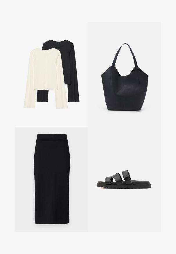 Set van twee longsleeve tops in wit en zwart. Geribbelde textuur, ronde hals, aansluitend ontwerp met licht uitlopende mouwen.; Zwarte kokerrok tot op de knie, gemaakt van gladde stof, met een strakke pasvorm, een discrete tailleband en zonder zichtbare sluitingen of zakken.; Zwarte leren sandalen met twee brede banden, open teen ontwerp en een dikke zwarte rubberen zool met een gestructureerd, geribbeld patroon.; Zwarte tote tas van glad leer, met een gebogen, open bovenkant en twee schouderbanden, en een minimalistisch ontwerp.