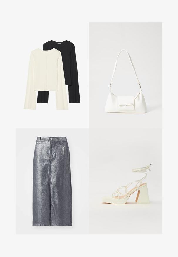 Két darabból álló hosszú ujjú felsők szettje fehér és fekete színben. Bordás textúra, kerek nyakkivágás, testhez simuló fazon, enyhén bővülő ujjakkal.; Ezüst fényű farmer szoknya, térd hosszúságú, struktúrált fazonnal, elülső gombos záródással és övrögzítőkkel. Simává tett textúra, minimalista dizájnnal.; Fehér, magassarkú szandál vastag sarokkal, pántos dizájnnal és bokapánttal. Sima textúra, elülső platformmal a megnövelt magasság érdekében.; Fehér szintetikus kézitáska, háromszög alakú, lapos előlap, masni részlettel, állítható pánttal, sima textúrával és minimalista dizájnnal.