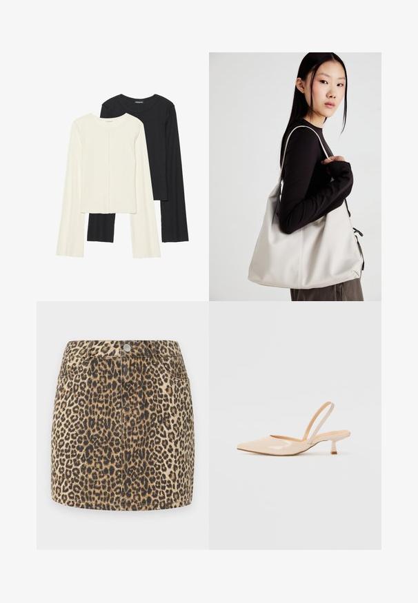 Két darabból álló hosszú ujjú felsők szettje fehér és fekete színben. Bordás textúra, kerek nyakkivágás, testhez simuló fazon, enyhén bővülő ujjakkal.; Leopárdmintás farmer szoknya, slim fit dizájnnal, gombos záródással és öt zsebes stílussal. Jellemzője a struktúrált anyag bézs és fekete árnyalatokban.; Bézs színű lakkbőr slingback magassarkú cipők hegyes orral és vékony, négyzetes sarkú dizájnnal. Simább textúra és minimalista stílus, díszítések nélkül.; Puha anyagból készült bézs kézitáska, laza dizájnnal, varrott részletekkel és két vállpánttal. Mindennapi használatra alkalmas.