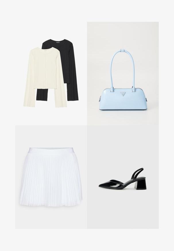 Conjunto de duas blusas de manga longa em branco e preto. Textura canelada, decote redondo, design ajustado com mangas ligeiramente evasê.; Saia plissada branca com um cós lisos. Feita de um tecido leve, possui um padrão de pregas uniforme em toda a peça.; Sandy em verniz preto com salto slingback, ponta afilada e salto geométrico. Apresenta um design elegante e minimalista com textura suave.; Bolsa de mão azul claro com uma forma estruturada, material de couro suave, duas alças e um logótipos triangular na parte da frente. Fecho com zíper.