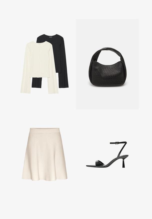 Nabor dveh dolgih rokavov v beli in črni barvi. Žameten vzorec, okrogla ovratnica, prilegajoča zasnova z rahlo razširjenimi rokavi.; Razširjena bež krila iz mehkega blaga z gladko teksturo, ki ima širok pas in dolžino do kolen.; Bershka Sandali z visoko peto - black; Pieces PCSANNA BRAIDED SHOULDER BAG - Torbica - black