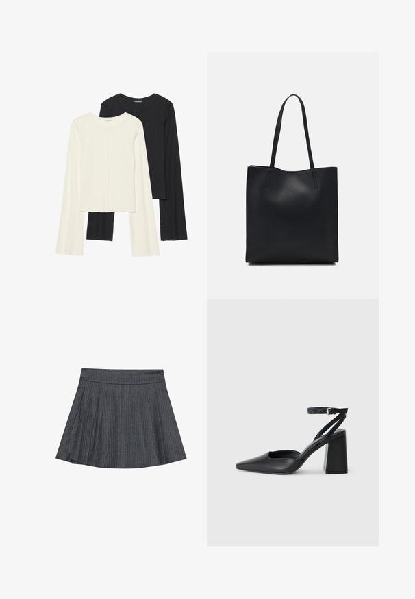 Set od dvije duge majice s dugim rukavima u bijeloj i crnoj boji. Rebrasta tekstura, okrugli izrez, uski kroj s blago raširenim rukavima.; Sivi suknja na preklop s prugicama, s prilagođenim pojasom, raširenim A-linijom i mekom teksturom materijala. Vertikalne linije povećavaju vizualni interes.; Crne kožne cipele s špicastim vrhom, remenom oko gležnja i debelim potplatom. Ravna tekstura, elegantan dizajn i minimalistička estetika.; Crna kožna torba za nošenje s glatkom teksturom, pravokutnim oblikom i dvije duge ručke. Nema vidljivih metalnih dijelova ili ukrasa.