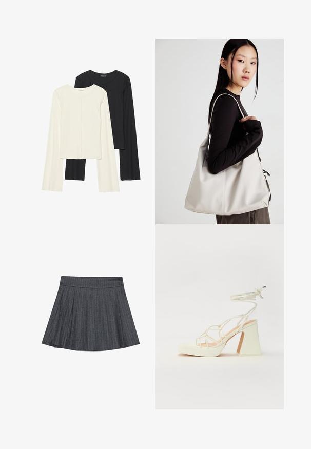 Kaksi pitkähihainen puseroa valkoisena ja mustana. Varren neulos, pyöreä kaulus, tiukka malli, jossa on hieman levenevät hihat.; Harmaa raitapaita skater-hame, jossa on tiukka vyötärö, levenevä A-linjainen muoto ja pehmeä kangasrakenteen. Pystysuorat viivat lisäävät visuaalista kiinnostavuutta.; Valkoinen korkokenkä, jossa on paksu korko, ja joka sisältää nauhakiinnityksen ja nilkkaketjun. Sujuva pinta, jossa on platform-etupohja lisäkorkeutta varten.; Beige laukku, joka on valmistettu pehmeästä materiaalista, ja siinä on rento muotoilu, ommeltu yksityiskohtia ja kaksi olkahihnaa. Sopii päivittäiseen käyttöön.