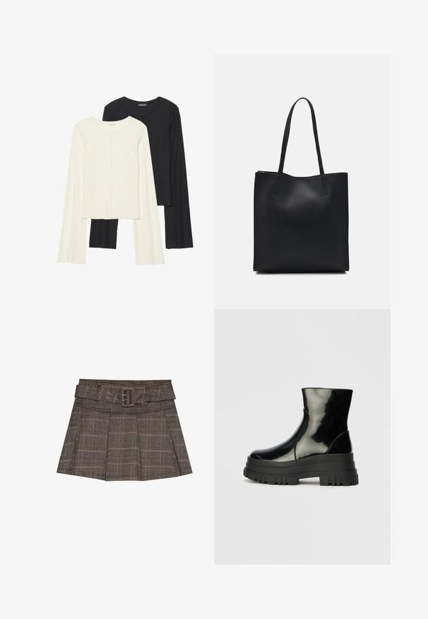Set of two long-sleeve tops in white and black. Ribbed texture, round neck, fitted design with slightly flared sleeves.; Plaid mini skirt in black, brown, and beige. Features a belted waist, pleats, and a textured fabric with a geometric pattern.; Black glossy ankle boot with thick lug sole and rounded toe, side view on plain light gray background.; Black leather tote bag with smooth texture, rectangular shape, and two long handles. No visible hardware or embellishments.