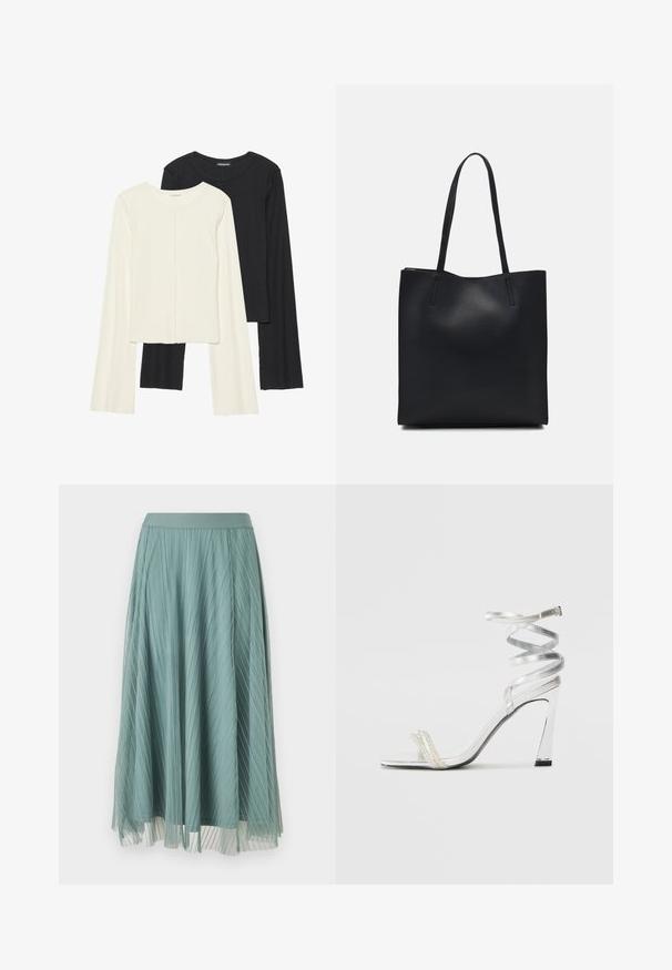 Conjunto de duas blusas de manga longa em branco e preto. Textura canelada, decote redondo, design ajustado com mangas ligeiramente evasê.; Saia midi plissada em cor teal suave, feita de tecido leve. Apresenta uma cintura suave e uma camada transparente para adicionar textura.; Sandalha de salto alto prateada com um design de tira brilhante, apresentando um detalhe semelhante a uma pérola e uma tira de tornozelo espiralada para um ajuste seguro.; Bolsa tote preta em couro com textura lisa, forma retangular e duas alças longas. Sem hardware ou enfeites visíveis.