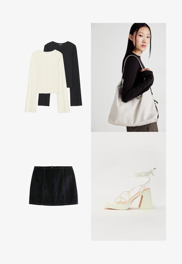 Kaksik Eri pikkusega valge ja musta värvi pikkade varrukatega topsi. Ribikstruktuur, ümar kaelus, lihav disain, veidi laienevate varrukatega.; Tumedast denimist mini seelik, millel on kontrastsed kollased õmblused, istuv siluett ja luku sulgemine. Klassikaline viie tasku disain.; Valged kõrge kontsaga sandaalid, millel on paks konts ja rihmadega disain koos pahkluu sidumisega. Sile tekstuur ja platvorm ees, et lisada kõrgust.; Bež käekott pehme materjali, millel on lõtv disain, õmblustega detailid ja kaks õlarihma. Sobib igapäevaseks kasutamiseks.