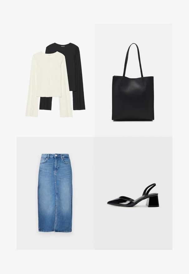 Conjunto de duas blusas de manga longa em branco e preto. Textura canelada, decote redondo, design ajustado com mangas ligeiramente evasê.; Saia midi de ganga em azul claro, com corte reto, fenda frontal e design tradicional de cinco bolsos com detalhes em metal.; Sandy em verniz preto com salto slingback, ponta afilada e salto geométrico. Apresenta um design elegante e minimalista com textura suave.; Bolsa tote preta em couro com textura lisa, forma retangular e duas alças longas. Sem hardware ou enfeites visíveis.