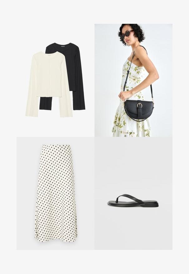 Conjunto de duas blusas de manga longa em branco e preto. Textura canelada, decote redondo, design ajustado com mangas ligeiramente evasê.; Uma saia até ao joelho feita de um tecido leve, apresentando um fundo creme com bolinhas pretas e uma silhueta ampla.; Chinelo preto feito de couro liso, com um design de tira fina e sola baixa com um perfil minimalista. Sem padrões ou acentos notáveis.; Bolsa de couro preta com forma curva, alça destacável e detalhes em dourado. A bolsa possui uma aba com detalhe de fivela.