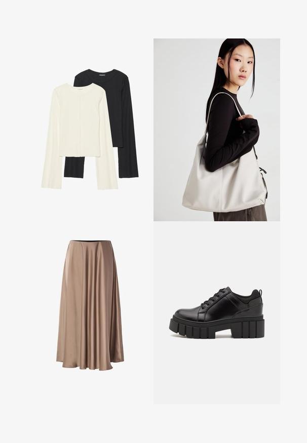 Sett med to langermede topper i hvit og svart. Ribbete tekstur, rund hals, tettsittende design med lett utsvingte ermer.; Lang A-linjeet skjørt laget av glatt, blankt stoff i en lys beige farge. Har en elastisk midje og flytende drapert design.; Svarte lærplattformsko med kraftig blokkhell, rund tå og tradisjonell snøring. Har en jevn tekstur og minimal detaljering.; Beige håndveske laget av mykt materiale, med en slapp design, sydd detaljer og to skulderstropper. Passer for daglig bruk.