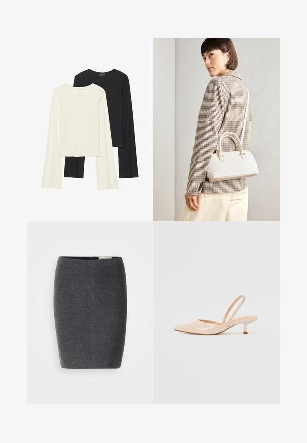 Kaksi pitkähihainen puseroa valkoisena ja mustana. Varren neulos, pyöreä kaulus, tiukka malli, jossa on hieman levenevät hihat.; Harmaa villapencil-hame, jossa on sileä pinta ja tiukka muotoilu. Hameessa on huomaamaton vyötärö ja ei näkyviä koristeluita.; Beige patenttanssisen nahasta valmistetut slingback-korkokengät, joissa on terävä kärki ja kapea, neliömäinen korko. Saumatonta pinta ja minimalistinen muotoilu ilman koristeita.; Valkoinen rakenteellinen käsilaukku, jossa on lyhyet kahvat ja olkahihna, varustettu kultaisilla metalliosilla ja tekstuurilla, esillä harmaata taustaa vasten.; Korukultainen korvakorut, joissa on teksturoituja, aaltoilevia muotoja. Mukana on veistokselliset klipsikorvakorut ja avoin rengasmalli, jossa on vasaroitu pinta.