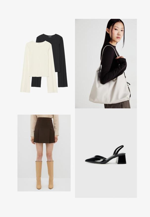 Set van twee longsleeve tops in wit en zwart. Geribbelde textuur, ronde hals, aansluitend ontwerp met licht uitlopende mouwen.; Bruine geplooide mini rok met een hoge taille, gemaakt van gestructureerde stof, gecombineerd met beige knielange laarzen met hak.; Zwarte gepatineerde leren slingback hakken met een spitse neus en een geometrische blokhak. Kenmerkt zich door een slank, minimalistisch ontwerp en een gladde textuur.; Beige handtas gemaakt van zacht materiaal, met een slonzig ontwerp, gestikte details en twee schouderbanden. Geschikt voor dagelijks gebruik.