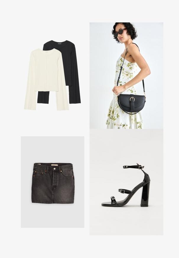 Kaksi pitkähihainen puseroa valkoisena ja mustana. Varren neulos, pyöreä kaulus, tiukka malli, jossa on hieman levenevät hihat.; Musta farkkuhame, jossa on viisi taskua, metallinappikiinnitys ja kontrastivärinen oranssi ommel. Ominaisuuksiin kuuluu suora leikkaus ja minimaalinen kulutus.; Musta kiiltäväpintainen korkokengät, joissa on kaksi solkikiinnitystä, neliönmuotoinen kärki ja paksu korko, sileällä, kiiltävällä pintarakenteella.; Musta nahkainen käsilaukku, joka on kaareva muotoilultaan, irrotettavalla hihnalla ja kultaisilla yksityiskohdilla. Laukussa on läppä, jossa on solk yksityiskohta.