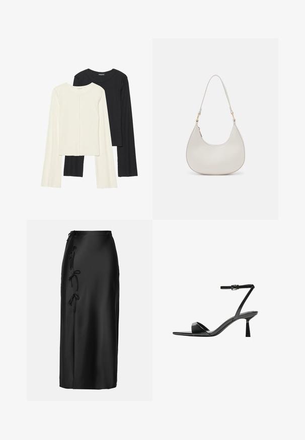 Nabor dveh dolgih rokavov v beli in črni barvi. Žameten vzorec, okrogla ovratnica, prilegajoča zasnova z rahlo razširjenimi rokavi.; Anna Field MIDI SKIRT - Ozko oprijeto krilo - black; Bershka Sandali z visoko peto - black; Krema usnjena torba za ramo v obliki polmesecca, z tankim trakom in subtilnim šivom. Minimalističen dizajn z zlatimi kovinskimi dodatki.