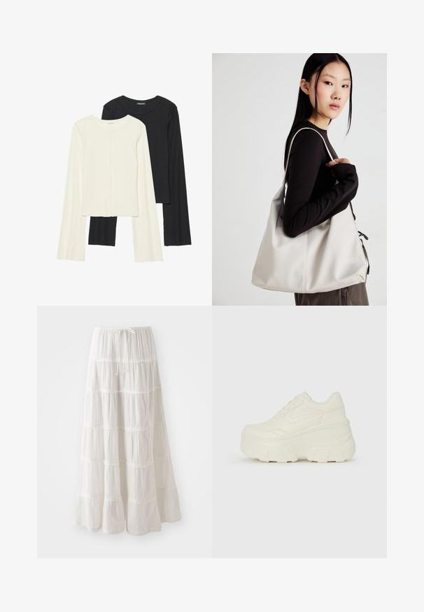 Conjunto de dos camisetas de manga larga en blanco y negro. Textura acanalada, cuello redondo, diseño ajustado con mangas ligeramente acampanadas.; Falda maxi blanca de capas, hecha de tejido ligero. Presenta una cinturilla elástica con cordón y detalles de dobladillo con volantes.; Zapatillas de plataforma blancas con un upper suave similar al cuero, forma redondeada, cuello acolchado y suela de goma texturizada con surcos definidos.; Bolso de mano beige hecho de material suave, con un diseño holgado, detalles cosidos y dos asas. Adecuado para uso diario.