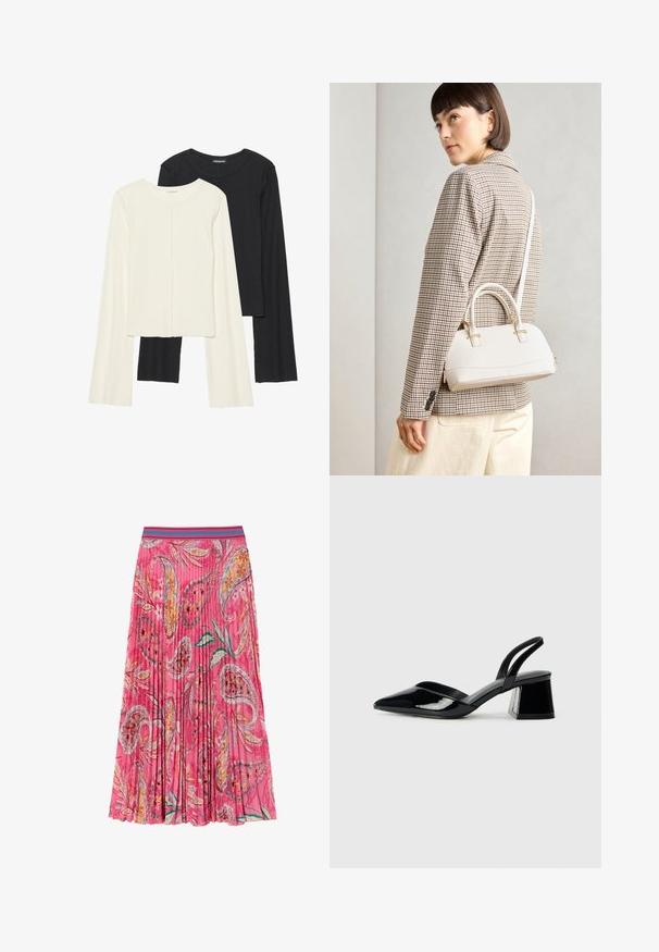 Dviejų ilgomis rankovėmis marškinėlių rinkinys, baltas ir juodas. Raukšlėta tekstūra, apvalus kaklas, prigludusi forma su šiek tiek platėjančiomis rankovėmis.; Rožinė klostuota sijonas su gėlėmis ir paisley raštais, su kontrastiniu turkio spalvos dryžuotu juosmeniu. Pagaminta iš lengvos medžiagos.; Juodos lakuotos odinės šlepetės su smailiu pirštu ir geometriniu bloko kulnu. Turi elegantišką, minimalistinį dizainą ir lygų paviršių.; Balta struktūruota rankinė su trumpomis rankenomis ir peties diržu, su auksinėmis detalėmis ir tekstūruota medžiaga, pastatyta prieš pilką foną.