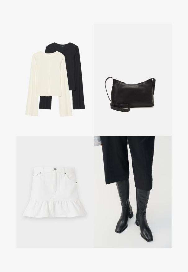 Divu garo piedurkņu tops komplekts baltā un melnā krāsā. Ribota tekstūra, apaļš kakls, pieguļoša dizaina ar nedaudz izplestām piedurknēm.; Balta džinsu svārki ar pušķotu apakšmalu, ar piecām kabatām, priekšējo pogu aizdari un metāla detaļām.; Melni ādas zābaki līdz ceļiem ar kvadrātu purngalu un bloku papēdi. Iekļauj sānu rāvējslēdzēju un gludu tekstūru.; Melna ādas plecu soma ar gludu tekstūru, izliekta forma, regulējama siksna un rāvējslēdzēja aizdare. Minimālistisks dizains bez rotājumiem.