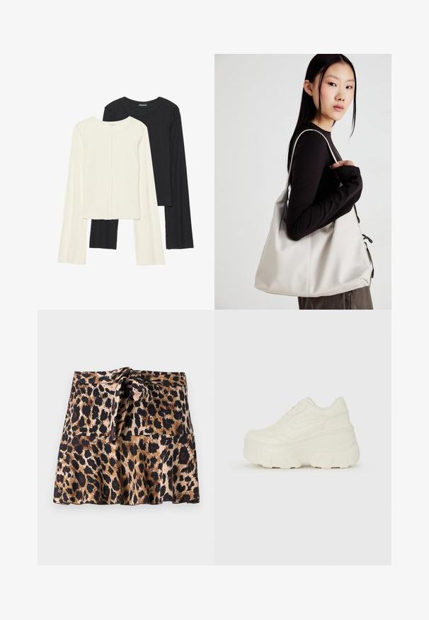 Dviejų ilgomis rankovėmis marškinėlių rinkinys, baltas ir juodas. Raukšlėta tekstūra, apvalus kaklas, prigludusi forma su šiek tiek platėjančiomis rankovėmis.; Leopardų rašto mini sijonas, pagamintas iš minkštos medžiagos, su išpuoselėta forma, rišamu juosmeniu ir kontrastinėmis juodomis ir rudos spalvos dėmėmis ant smėlio spalvos fono.; Baltos platformos sportbačiai su lygiu odos primenančiu paviršiumi, apvalia forma, paminkštintu apykakle ir tekstūruotu guminiu padu su ryškiais protektoriais.; Bežinė rankinė, pagaminta iš minkštos medžiagos, turinti laisvą dizainą, siuvinėtas detalės ir dvi petnešos. Tinkama kasdieniam naudojimui.