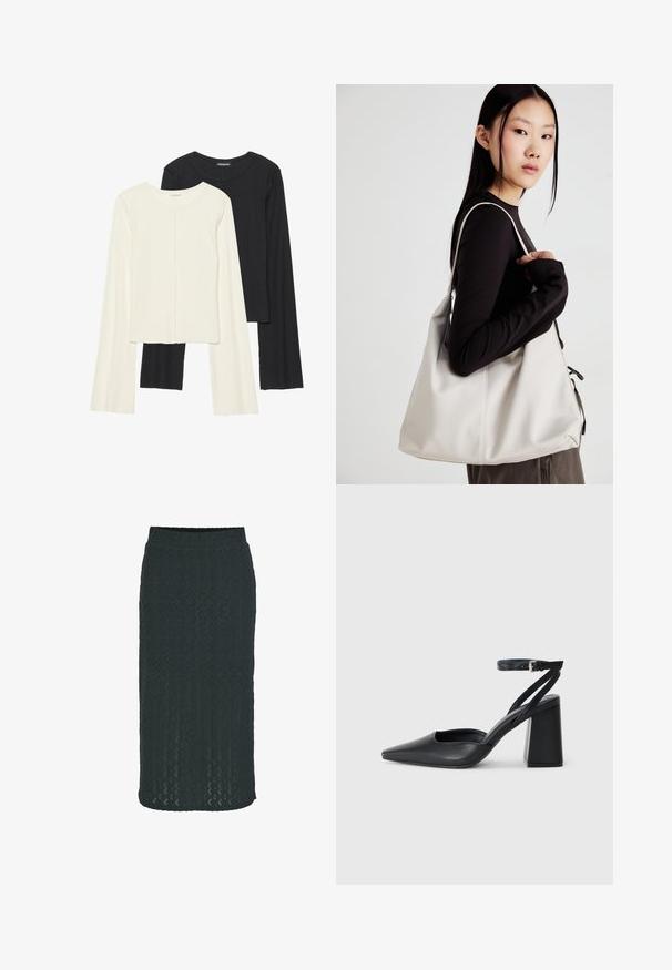 Conjunto de duas blusas de manga longa em branco e preto. Textura canelada, decote redondo, design ajustado com mangas ligeiramente evasê.; Saia lápis até ao joelho em verde escuro, confeccionada em tecido de malha texturizada com um padrão geométrico e cintura elástica para maior conforto.; Sandal com biqueira afilada em couro preto, com cinta no tornozelo e salto grosso. Textura lisa, design elegante e estética minimalista.; Uma bolsa bege feita de material macio, com um design descontraído, detalhes de costura e duas alças para o ombro. Adequada para uso diário.