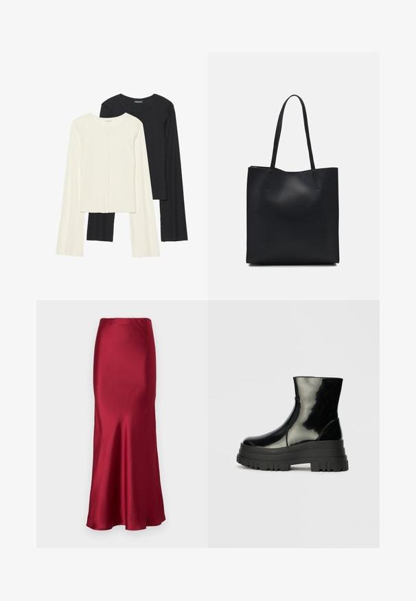 Nabor dveh dolgih rokavov v beli in črni barvi. Žameten vzorec, okrogla ovratnica, prilegajoča zasnova z rahlo razširjenimi rokavi.; Burgundijska satenska krila s pripijenim pasom i razdruženim rubom. Glatka tekstura s blagim sjajem, s jednostavnim elastičnim pojasom.; Črne sijajne gležnjarje z debelim profilom podplata in zaobljenim nosom, stranski pogled na enostavni svetlo sivi ozadju.; Črna usnjena torba s svilnato teksturo, pravokotne oblike in dvema dolgima ročajema. Brez vidnih metalnih delov ali okrasnih elementov.