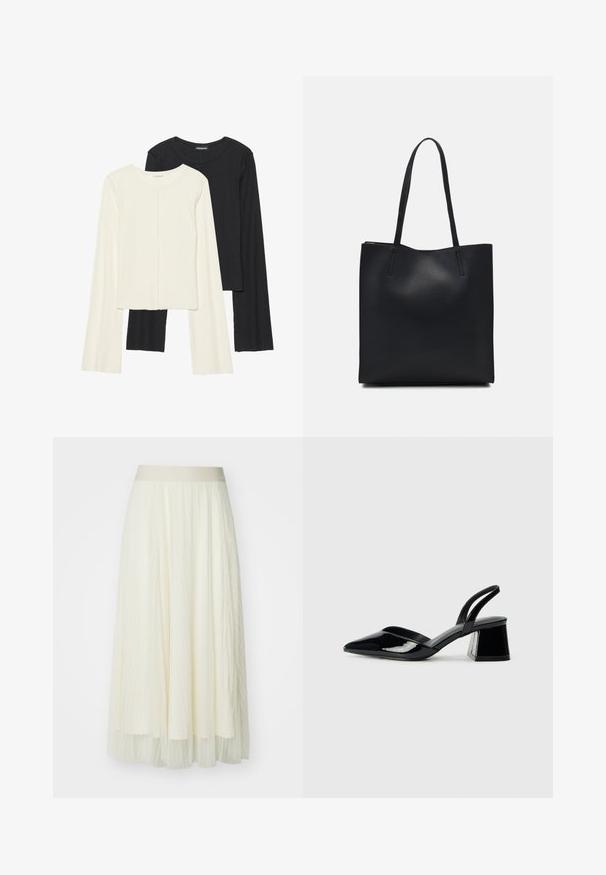 Súprava dvoch dlhých rukávov v bielej a čiernej farbe. Žebrovaná textúra, okrúhly výstrih, priliehavý strih s mierne rozšírenými rukávmi.; Plisovaná midi sukňa v svetlej krémovej farbe s širokým elastickým pásom; priesvitná textura s jemnými vertikálnymi líniami, splývavý dizajn a vrstvený finiš.; Čierne lakované kožené sandálové podpätky s špicatou špičkou a geometrickým blokovým podpätkom. Disponujú elegantným, minimalistickým dizajnom a hladkým povrchom.; Čierna kožená taška na rameno s hladkým povrchom, obdĺžnikovým tvarom a dvoma dlhými uchami. Bez viditeľného kovania alebo ozdôb.