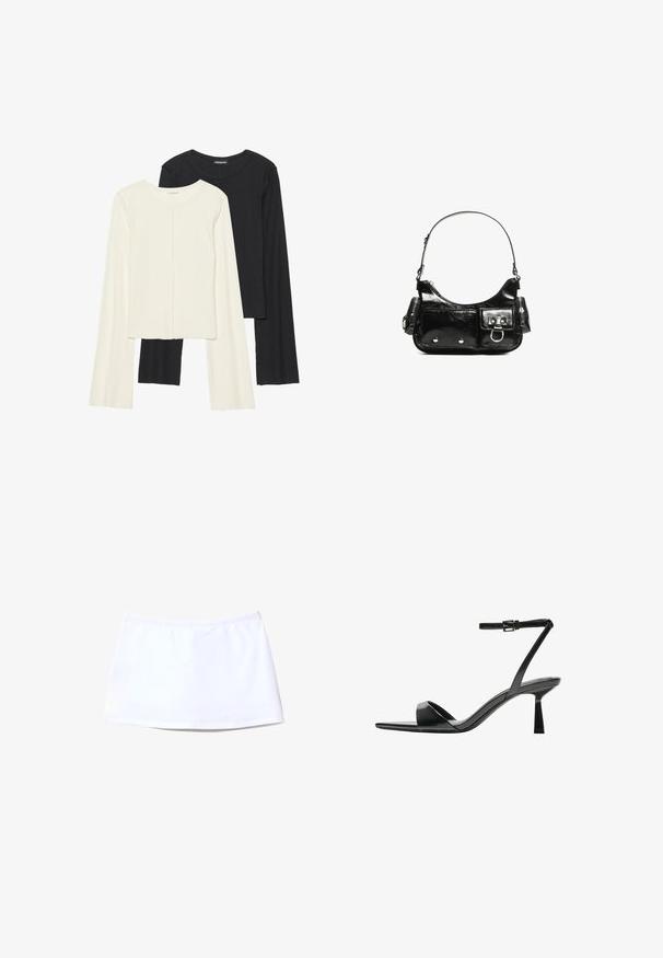 Sæt med to langærmede toppe i hvid og sort. Ribbet tekstur, rund halsudskæring, tætsiddende design med let udvidede ærmer.; Hvid nederdel lavet af glat stof, med en elastisk talje og en lige pasform. Simpel design uden synlige mønstre eller accenter.; Bershka Højhælede sandaletter / Højhælede sandaler - black; Sort patenteret læder håndtaske med en buet form, en skulderrem, frontlommer og hardware accenter i sølvfarve.