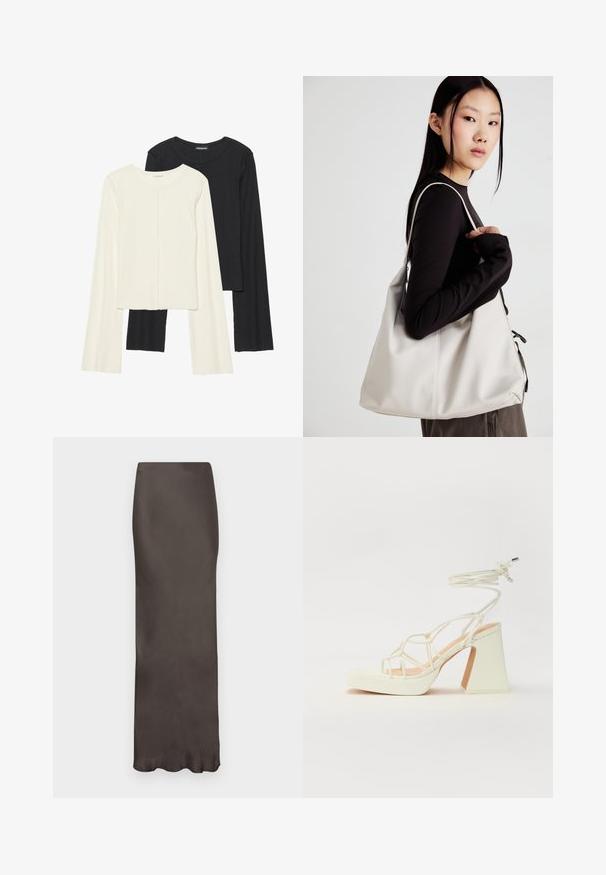 Ensemble de deux hauts à manches longues en blanc et noir. Texture côtelée, col rond, design ajusté avec des manches légèrement évasées.; Jupe en satin marron, longue jusqu'au sol, avec une silhouette ajustée et une texture lisse. Présente un éclat subtil et ne comporte aucun motif ni ornement.; Sandale blanche à talons hauts avec un talon épais, présentant un design à lanières et un lien autour de la cheville. Texture lisse avec une plateforme à l'avant pour une hauteur supplémentaire.; Sac à main beige en matériau souple, avec un design décontracté, des détails cousus et deux poignées. Idéal pour un usage quotidien.