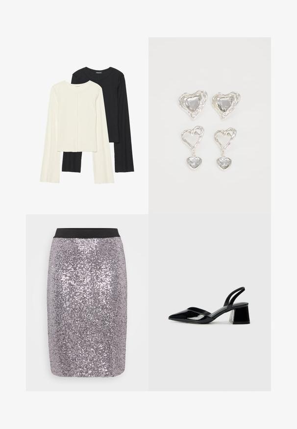 Divu garo piedurkņu tops komplekts baltā un melnā krāsā. Ribota tekstūra, apaļš kakls, pieguļoša dizaina ar nedaudz izplestām piedurknēm.; Mirdzoša sudraba sekvīru svārki ar melnu elastīgu jostasvietu. Virsma atspoguļo gaismu, radot teksturētu izskatu.; Melna lakota āda ar atvērto papēdi, ar smailu purngalu un ģeometrisku blokpapēdi. Iezīmējas elegants, minimāls dizains un gluda tekstūra.; Sudraba sirds formas auskari ir rotāti ar daudzšķautņainiem caurspīdīgiem akmeņiem un ar teksturētu rāmi. Komplektā iekļauti gan pērlīšu, gan pilienu stili.