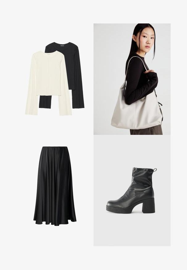 Conjunto de duas blusas de manga longa em branco e preto. Textura canelada, decote redondo, design ajustado com mangas ligeiramente evasê.; Saia maxi preta feita de tecido suave, com uma cintura elástica, silhueta ampla e uma bainha fluida, sem padrões ou detalhes visíveis.; Botas de tornozelo pretas feitas de couro liso, com fecho lateral, salto grosso texturizado e design de bico arredondado.; Uma bolsa bege feita de material macio, com um design descontraído, detalhes de costura e duas alças para o ombro. Adequada para uso diário.