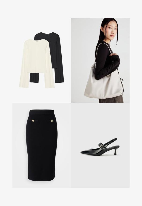 Nabor dveh dolgih rokavov v beli in črni barvi. Žameten vzorec, okrogla ovratnica, prilegajoča zasnova z rahlo razširjenimi rokavi.; Vero Moda Tall VMSABA LENGHT SKIRT - Ozko oprijeto krilo - black; Črne patent usnjene slingback pete s koničastim nosom in majhnim blok peto, ki vključujejo srebrno zaponko na traku.; Bežna torbica iz mehkega materiala, z ohlapno zasnovo, šivi in dvema naramnicama. Primerna za vsakodnevno uporabo.