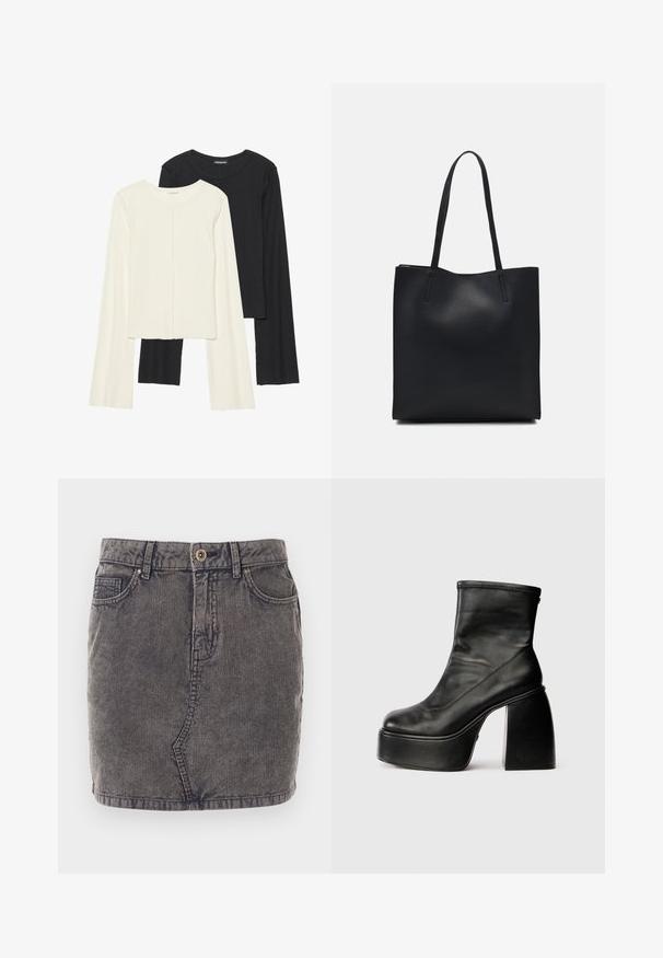 Sett med to langermede topper i hvit og svart. Ribbete tekstur, rund hals, tettsittende design med lett utsvingte ermer.; Denim skjørt i grått med vertikal rilletekstur, med knappelukking foran, to sidelommer og en rett kant.; Sorte lærankelsko med rund tå, glat tekstur og en markant blokhæl. Har en sidelukke. Minimalistisk design.; Svart lær tote bag med glatt tekstur, rektangulær form og to lange håndtak. Ingen synlige deler eller dekorasjoner.