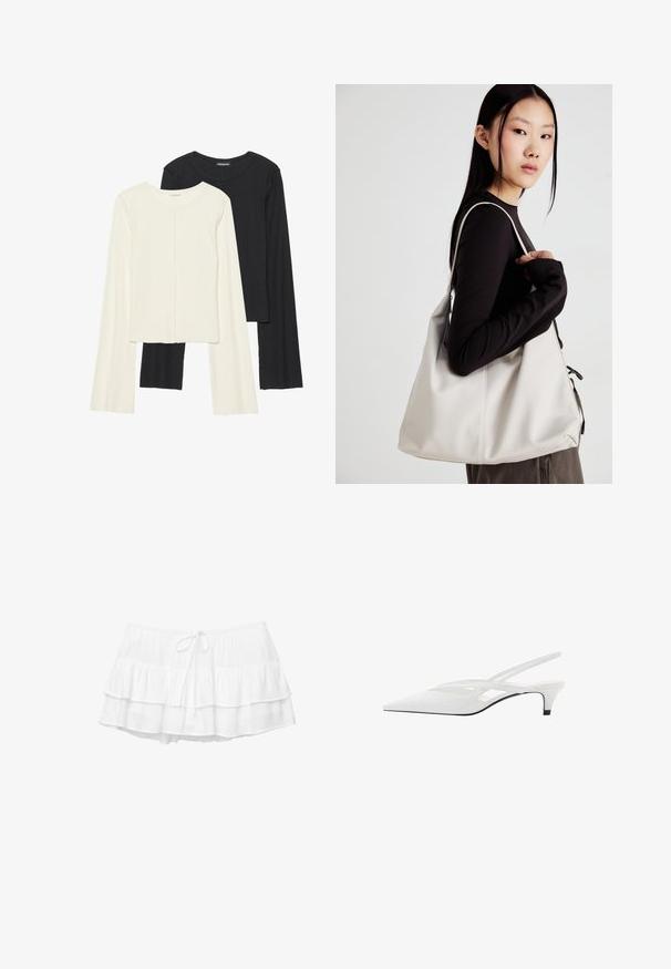 Sæt med to langærmede toppe i hvid og sort. Ribbet tekstur, rund halsudskæring, tætsiddende design med let udvidede ærmer.; Hvid lagdelt nederdel med tre flæser, elastisk talje og snoretræk. Fremstillet af let, tekstureret stof.; Hvide slingback hæle med spids tå, der har en glat overdel, subtile udskæringer og en lav blokhæl. Den sorte sål fremhæver designet.; Beige håndtaske lavet af blødt materiale med et slouchy design, stikninger og to skulderremme. Velegnet til daglig brug.