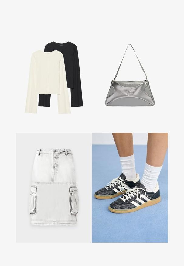 Set van twee longsleeve tops in wit en zwart. Geribbelde textuur, ronde hals, aansluitend ontwerp met licht uitlopende mouwen.; Denim rok in lichtgrijs met een hoge taille, voorknopjes en twee zijcargo zakken. Licht versleten stofstructuur.; Zwarte leren sneakers met witte strepen, ronde neus, witte veters en een gumrubberen zool. Versterkt met een gevoerd kraag en merkdetails.; Zilveren metallic handtas met een slank, gestructureerd ontwerp, voorzien van een textuur-holte, een schouderband en een reliëflogo-accent.