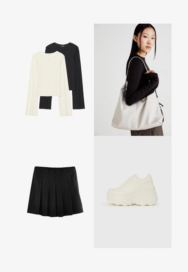 Set van twee longsleeve tops in wit en zwart. Geribbelde textuur, ronde hals, aansluitend ontwerp met licht uitlopende mouwen.; Next PONTE - A-lijn rok - black; Witte platform sneakers met een gladde leren bovenkant, afgeronde vorm, gewatteerde kraag en een gestructureerde rubberen zool met duidelijke profiel.; Beige handtas gemaakt van zacht materiaal, met een slonzig ontwerp, gestikte details en twee schouderbanden. Geschikt voor dagelijks gebruik.