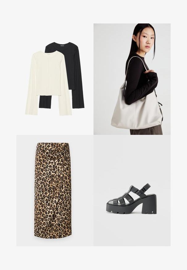 Set di due maglie a maniche lunghe, bianche e nere. Texture a coste, scollo tondo, design aderente con maniche leggermente svasate.; Gonna midi con stampa leopardata, texture satinata, base beige neutra con macchie nere e marroni, design drappeggiato con un dettaglio attorcigliato in vita.; Sandali platform neri con tacco chunky, caratterizzati da cinturini larghi, punta aperta, cinturino alla caviglia regolabile e base testurizzata.; Borsa a mano beige realizzata in materiale morbido, caratterizzata da un design morbido, dettagli cuciti e due manici. Adatta per l'uso quotidiano.