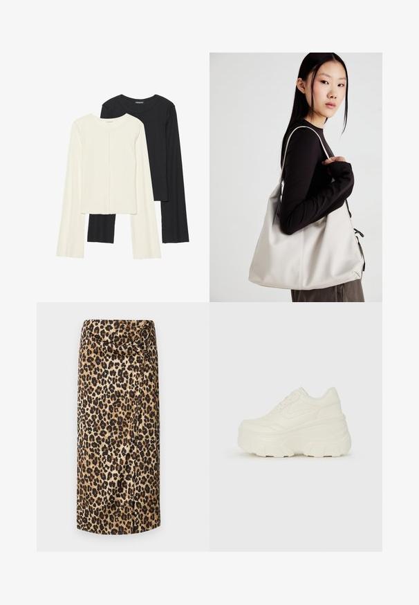 Divu garo piedurkņu tops komplekts baltā un melnā krāsā. Ribota tekstūra, apaļš kakls, pieguļoša dizaina ar nedaudz izplestām piedurknēm.; Leparda raksta midi svārki, zīdaina tekstūra, neitrāla bēša pamatne ar melniem un brūniem plankumiem, drapēta izstrādājuma dizains ar savērptu detaļu jostas vietā.; Baltie platformas sporta apavi, kas izgatavoti no gludas mākslīgās ādas, ar noapaļotu formu, mīkstu apkakli un teksturētu gumijas zoli ar izteiktiem rakstiem.; Bežs rokassoma, izgatavota no mīksta materiāla, ar brīvu dizainu, izšūtu apdari un divām plecu siksnām. Piemērota ikdienas lietošanai.