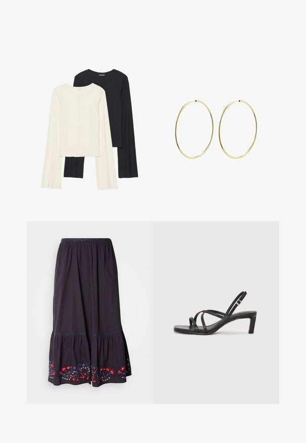 Kaksik Eri pikkusega valge ja musta värvi pikkade varrukatega topsi. Ribikstruktuur, ümar kaelus, lihav disain, veidi laienevate varrukatega.; Tumehallist puuvillasest seelikust, millel on kihiline disain ja punaste, siniste ning kollaste tikanditega lillede aktsendid hemul. Painduva vöökohaga.; Mustast rihmajalatsid ruudukujulise varba ja madala ploki kontsaga. Omab mitmeid õhukesi rihmasid ja reguleeritavat pahkluu rihma. Valmistatud siledast nahast.; Kuldsest rõngastest kõrvarõngad sileda, ümarate joontega. Õhukesed ja kerged, koosnevad pidevast ringsest kujundist ilma kaunistusteta.