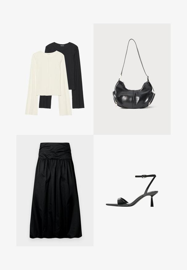 Set di due maglie a maniche lunghe, bianche e nere. Texture a coste, scollo tondo, design aderente con maniche leggermente svasate.; Gonna nera di lunghezza media con design arricciato, realizzata in materiale liscio. Presenta una fascia larga e arricciata in vita.; Bershka Sandali con tacco - black; Borsa a spalla a forma di mezzaluna in pelle nera con zip argento su entrambi i lati e una singola tracolla.