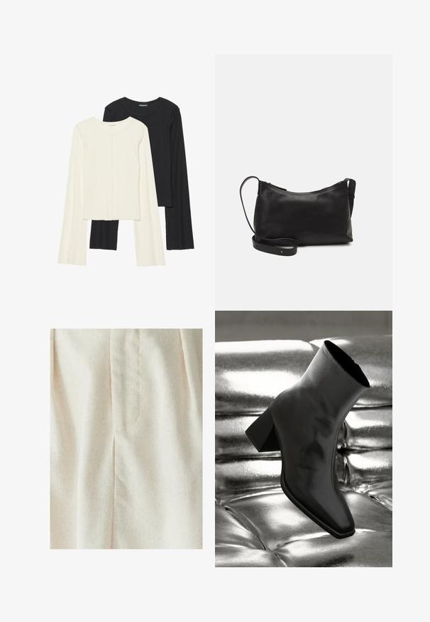 Set od dvije duge majice s dugim rukavima u bijeloj i crnoj boji. Rebrasta tekstura, okrugli izrez, uski kroj s blago raširenim rukavima.; WILLA MIMIE MIDI - Plisirana suknja - natural; Crni gležnjača napravljena od sjajnog materijala sa četvrtastim vrhom i suženom petom, postavljena protiv srebrne sjajne pozadine sa nabranim uzorkom.; Crna kožna torba na rame s glatkom teksturom, zakrivljenim oblikom, podesivim remenom i zatvaranjem na patentni zatvarač. Minimalistički dizajn bez ukrasa.