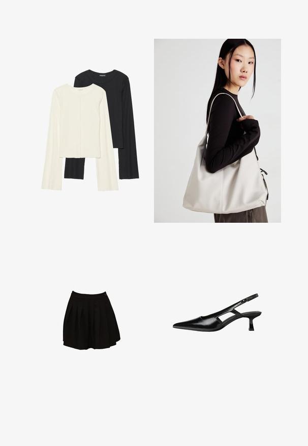 Set di due maglie a maniche lunghe, bianche e nere. Texture a coste, scollo tondo, design aderente con maniche leggermente svasate.; Gonna nera plissettata con vita aderente e un dettaglio a bottone singolo. Il tessuto appare liscio e leggero, progettato per una silhouette svasata.; Tacchi slingback in pelle verniciata nera con punta affusolata, design con tagli laterali e tacco quadrato piccolo. Texture liscia con dettagli minimi.; Borsa a mano beige realizzata in materiale morbido, caratterizzata da un design morbido, dettagli cuciti e due manici. Adatta per l'uso quotidiano.