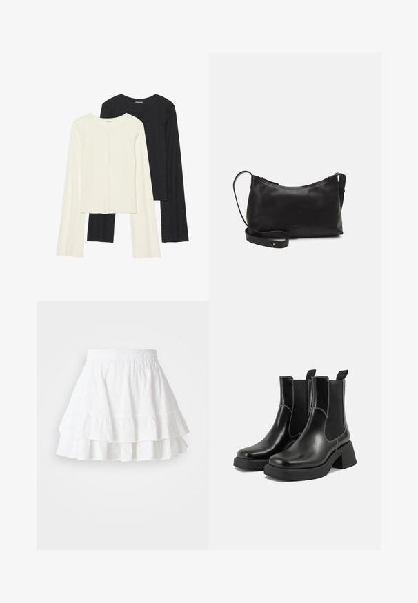 Sett med to langermede topper i hvit og svart. Ribbete tekstur, rund hals, tettsittende design med lett utsvingte ermer.; Hvitt lagdelt skjørt laget av lett stoff med holemønster og volanger nederst. Har elastisk midjebånd for komfort.; Sorte lær Chelsea støvler med en kraftig hæl, elastiske sidepaneler og kontrasterende hvid syning. Teksturert overflate.; Svart skinn skulderveske med glatt tekstur, buet form, justerbar stropp og glidelås. Minimalistisk design uten dekorasjoner.