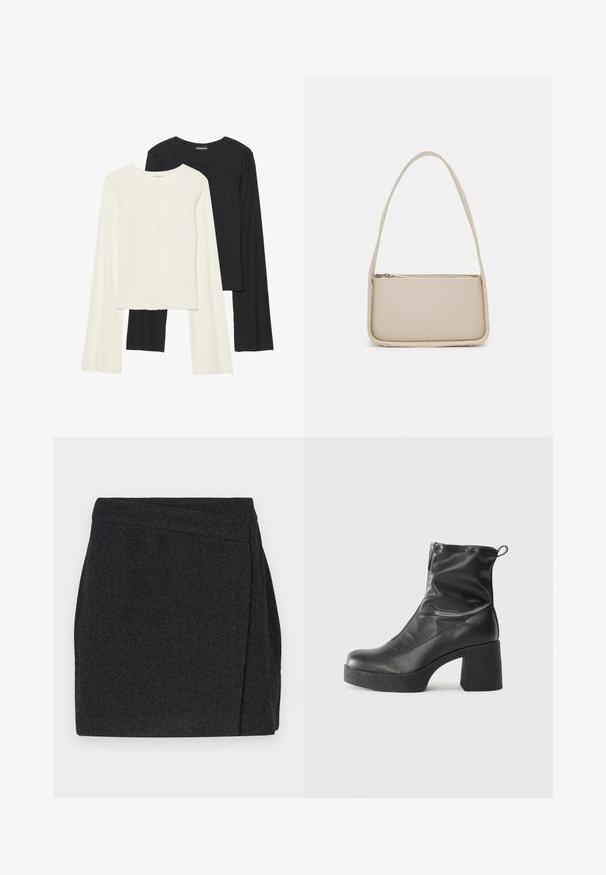 Két darabból álló hosszú ujjú felsők szettje fehér és fekete színben. Bordás textúra, kerek nyakkivágás, testhez simuló fazon, enyhén bővülő ujjakkal.; Fekete halszálkás mintázatú szoknya, csomagolt dizájnnal, letisztult véggel és texturált anyagból készült. Térd felett, középmagas hosszban.; Fekete bokacsizmák sima bőrből, oldalsó cipzárral, vastag, texturált sarkú és lekerekített orrú dizájnnal.; Even&Odd Kézitáska - off white