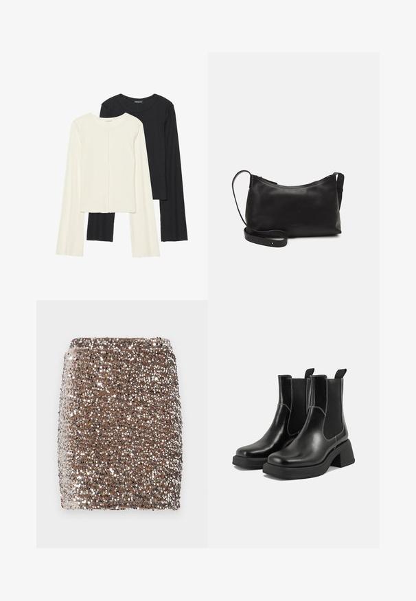 Sett med to langermede topper i hvit og svart. Ribbete tekstur, rund hals, tettsittende design med lett utsvingte ermer.; Brun sequined mini skjørt med en tettsittende design, dekket av reflekterende sølvpaljetter som skaper en teksturert, glitrende effekt.; Sorte lær Chelsea støvler med en kraftig hæl, elastiske sidepaneler og kontrasterende hvid syning. Teksturert overflate.; Svart skinn skulderveske med glatt tekstur, buet form, justerbar stropp og glidelås. Minimalistisk design uten dekorasjoner.